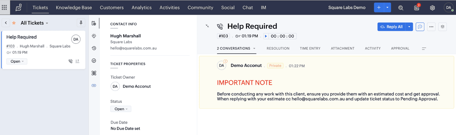 Screenshot of Comments in Zoho Desk