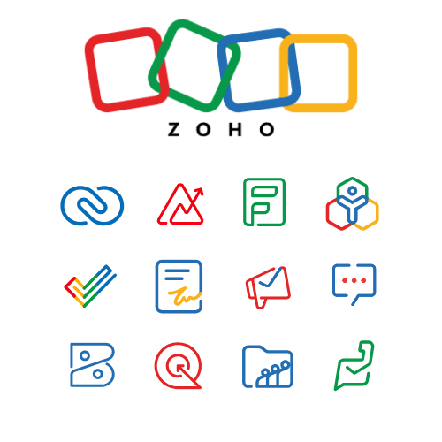 Zoho Corporation logo and a selection of Zoho business application logos including Zoho CRM, Zoho Analytics, Zoho Books, Zoho Forms and more.